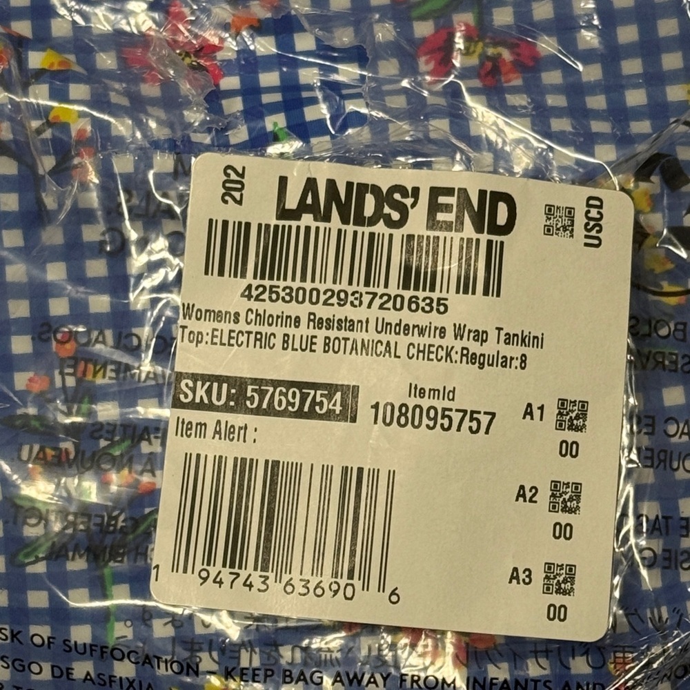 Lands' End Blue Floral V-Neck Wrap Underwire Tankini Swimsuit Top - Picture 3 of 7